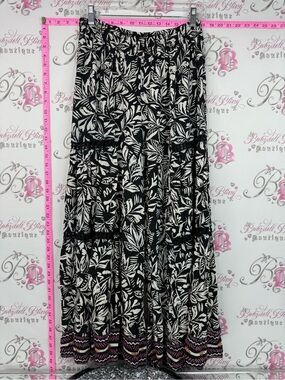 Angie wide leg pants Aztec tropical print crochet cut outs Black White Tiered